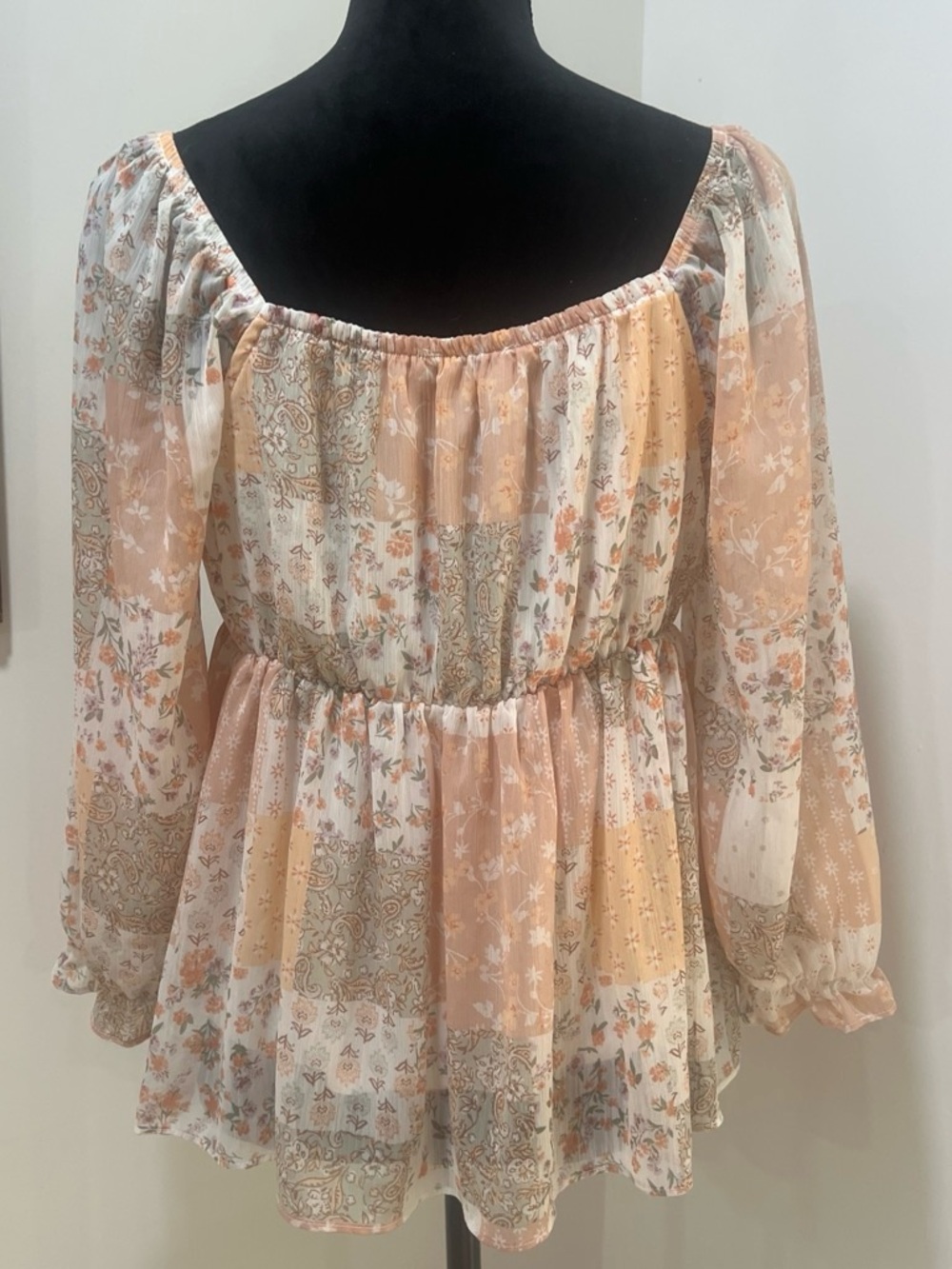 Pink Rose Size L Peach Cream Patchwork Peasant Babydoll shirt Festival Boho
